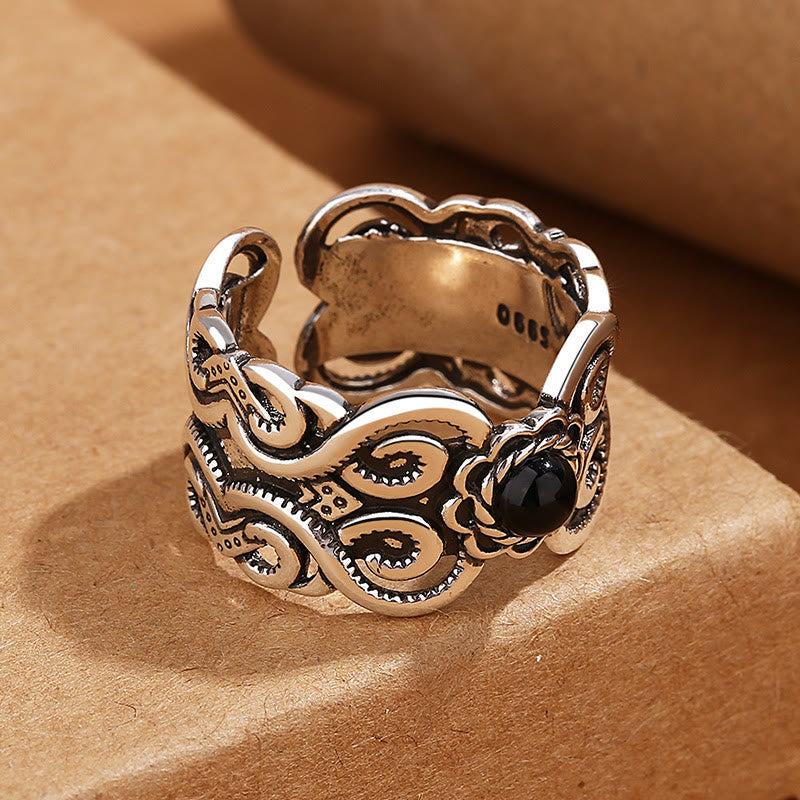Buddha Stones Black Onyx Copper Mongolian Pattern Adjustable Fortune Ring