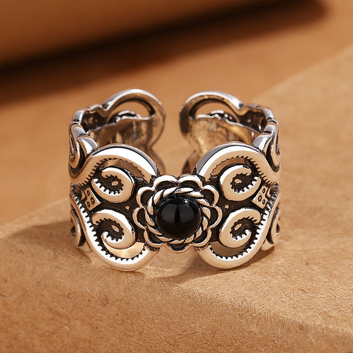 Buddha Stones Black Onyx Copper Mongolian Pattern Adjustable Fortune Ring