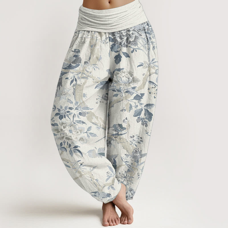 Buddha Stones Pure Cotton Birds Branches Flowers Pattern Women's Elastic Waist Harem Pants