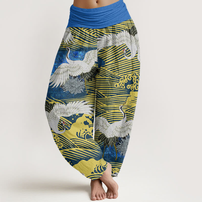 Buddha Stones Casual Crane Ocean Waves Chrysanthemum Pattern Women's Elastic Waist Harem Pants - DodgerBlue - US22,UK/AU26,EU54 (6XL) - image 1
