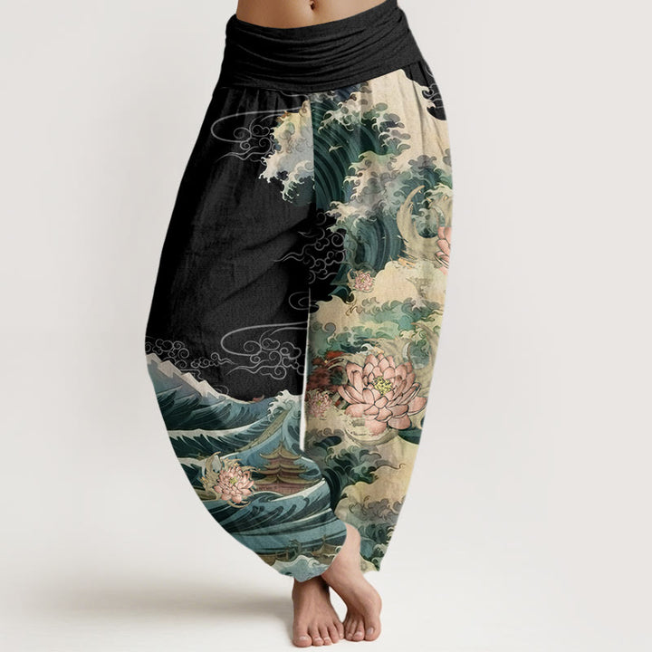 Buddha Stones Casual Blooming Lotuse Wave Pavilion Pattern Women's Elastic Waist Harem Pants - Black - US22,UK/AU26,EU54 (6XL) - image 1