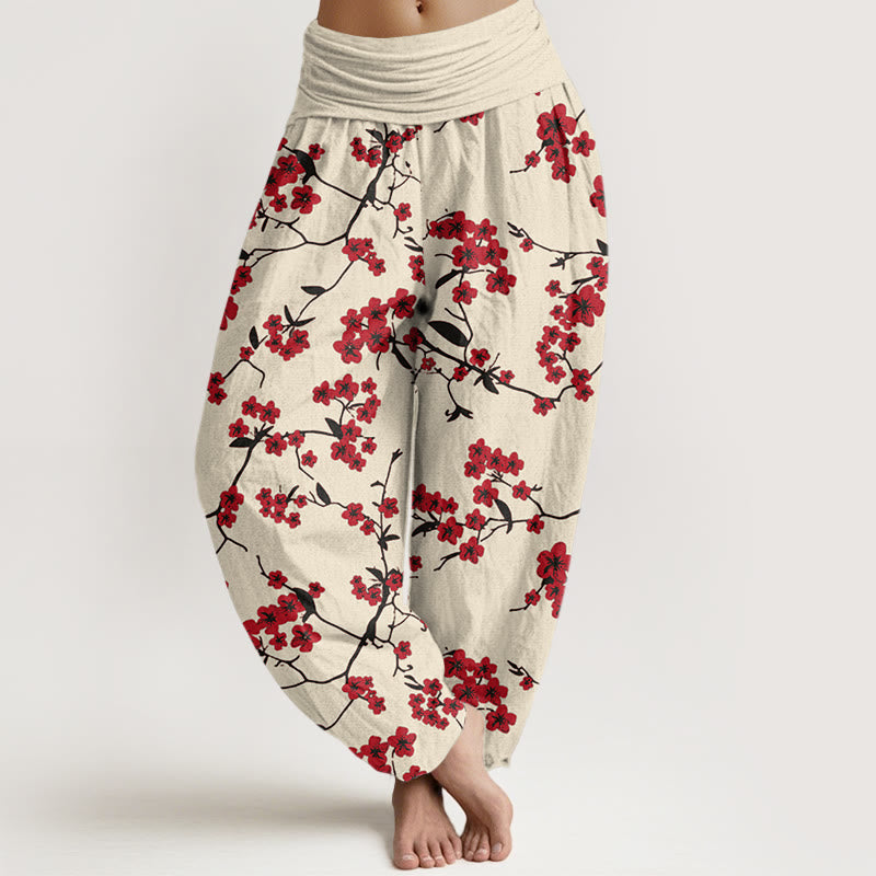 Buddha Stones Red Peach Blossom Pattern Women's Elastic Waist Harem Pants - LightGoldenrodYellow - US22,UK/AU26,EU54 (6XL) - image 1