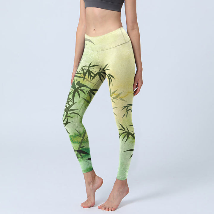 Buddha Stones Blooming Bamboo Pattern Print Gym Leggings Women's Yoga Pants - YellowGreen - US18,UK/AU22,EU50 (4XL) - image 1