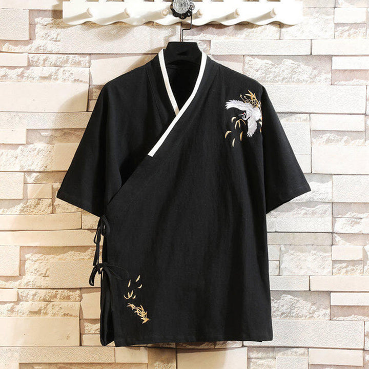 Buddha Stones Tang Suit Embroided Crane Pattern Lace-Up Side Men's Cotton Linen Short Sleeve T-Shirt - Black - US/UK/AU46,EU56 (5XL) - image 0