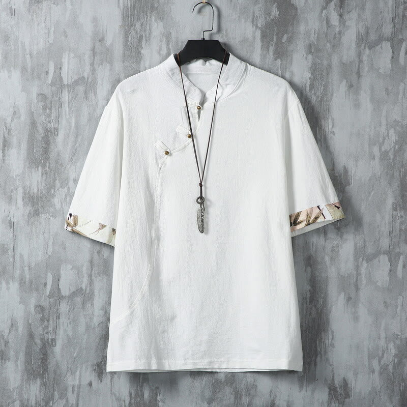 Buddha Stones Summer Chinese Frog-Button Printing Men's Plain Patchwork Half Sleeve Cotton Linen Shirt - White - US/UK/AU46,EU56 (5XL) - image 1