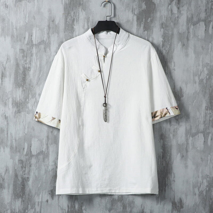 Buddha Stones Summer Chinese Frog-Button Printing Men's Plain Patchwork Half Sleeve Cotton Linen Shirt - White - US/UK/AU46,EU56 (5XL) - image 1