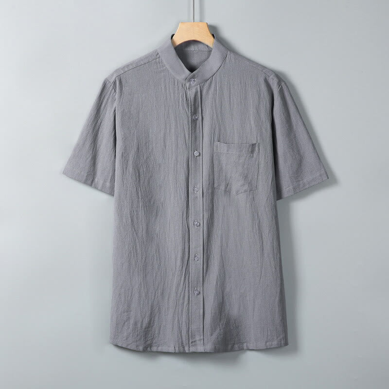 Buddha Stones Daily Printing Solid Color Single Breasted Men's Short Sleeve Cotton Linen Shirt WIth Pockets - DarkGray - US/UK/AU46,EU56 (5XL) - image 0