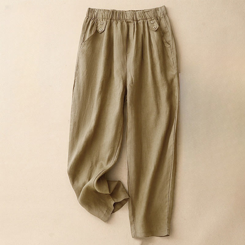 Buddha Stones Summer Plain Casual 7-8 Length Buttons Women's Cotton Linen Harem Pants With Pockets - Tan - US8-10,UK/AU12-14,EU40-42 (2XL) - image 0