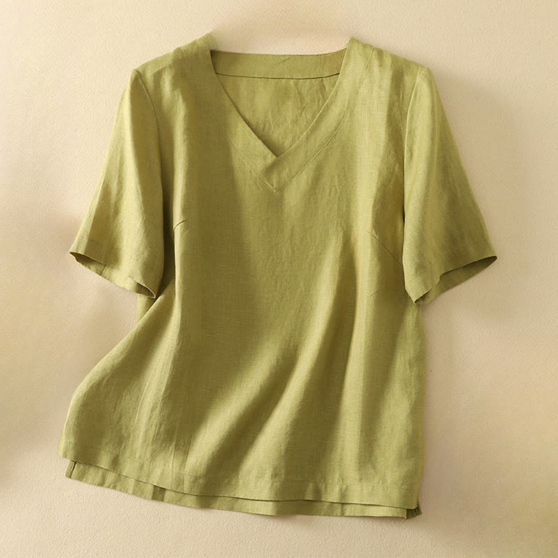 Buddha Stones Summer Casual Plain Women's V-neck Design Half Sleeve Cotton T-shirt - YellowGreen - US8-10,UK/AU12-14,EU40-42 (2XL) - image 0