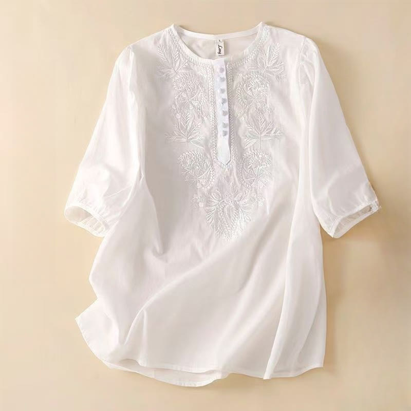 Buddha Stones Casual Women's Embroidered Flower Pattern Crew Neck Design Half Sleeve Cotton Linen Shirt - White - US8-10,UK/AU12-14,EU40-42 (2XL) - image 9