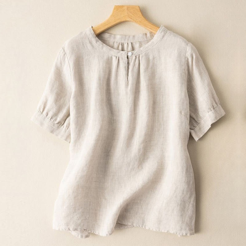 Buddha Stones Casual Women's Plain Crew Neck Button Design Half Sleeve Cotton Linen Shirt - Beige - US8-10,UK/AU12-14,EU40-42 (2XL) - image 0