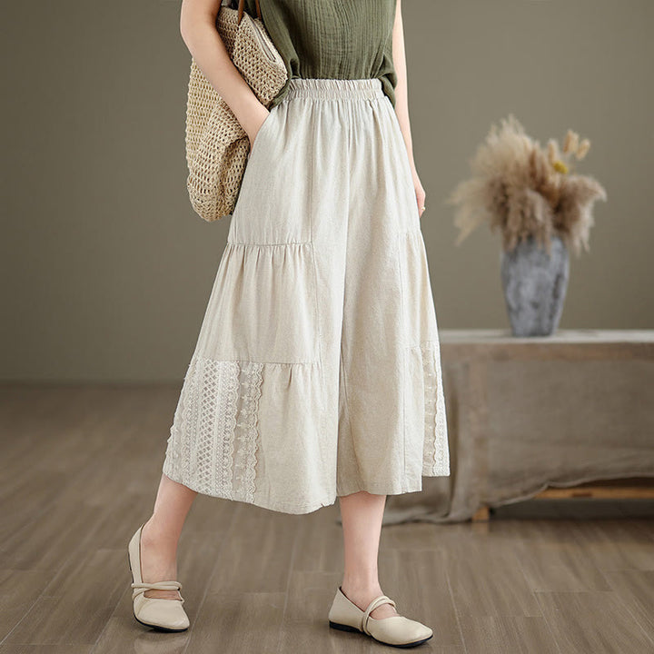 Buddha Stones Casual Plain Lace Splicing Cotton Linen Women's Cropped Wide Leg Pants With Pockets - Beige - US8-10,UK/AU12-14,EU40-42 (2XL) - image 0