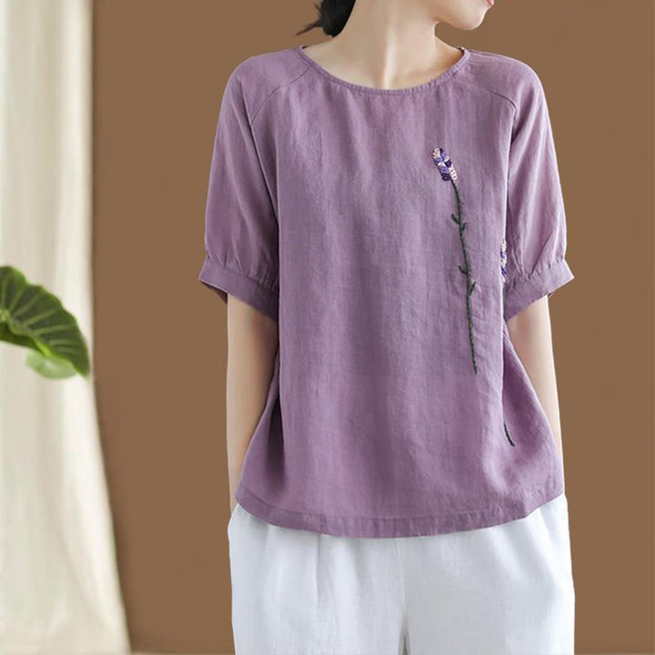 Buddha Stones Summer Vintage Embroidered Flower Pattern Women's Crew Neck Design Cotton Linen T-Shirt - MediumOrchid - US8-10,UK/AU12-14,EU40-42 (2XL) - image 0