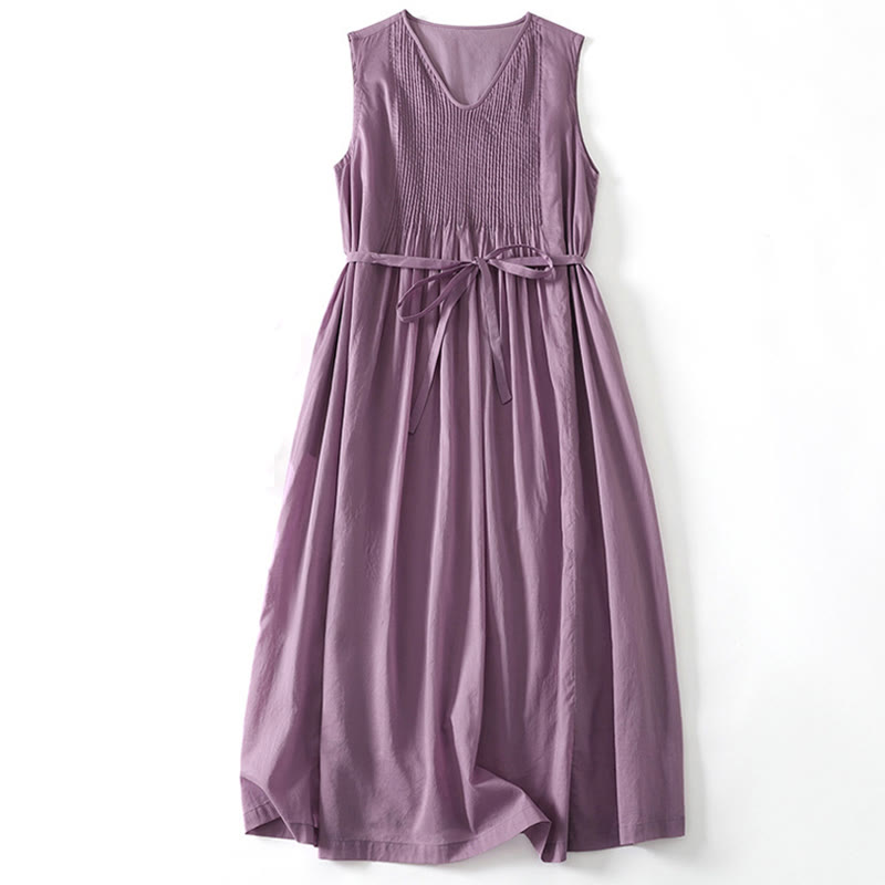 Buddha Stones Solid Color Accordion Design Sleeveless Cotton Midi Dress With Pockets - MediumOrchid - US8-10,UK/AU12-14,EU40-42 (2XL) - image 0