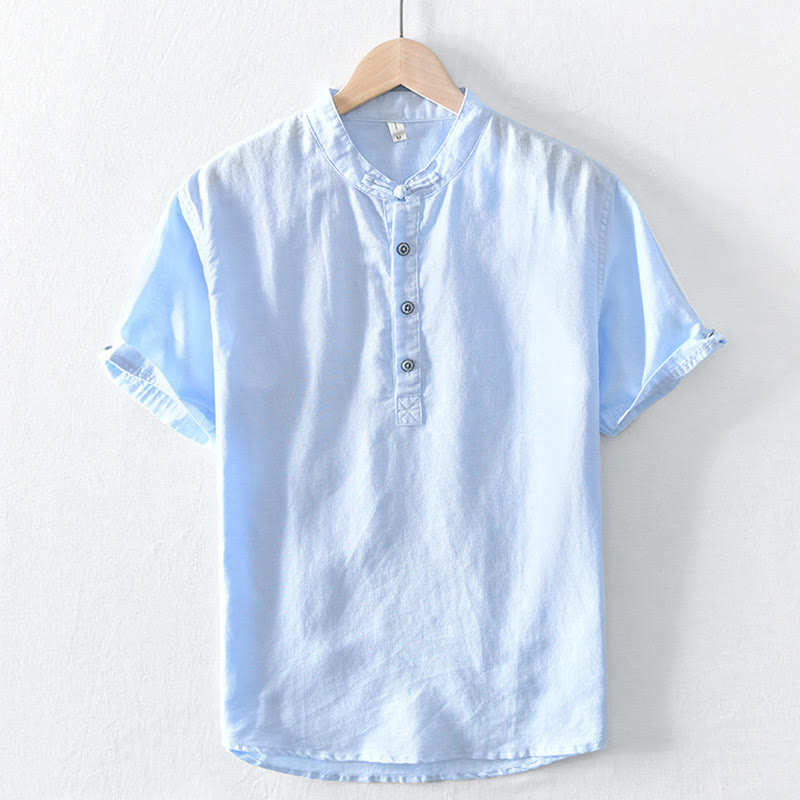 Buddha Stones Solid Color Half Button Design Stand Collar Men's Short Sleeve Cotton Linen Shirt - LightCyan - US/UK/AU46,EU56 (5XL) - image 18