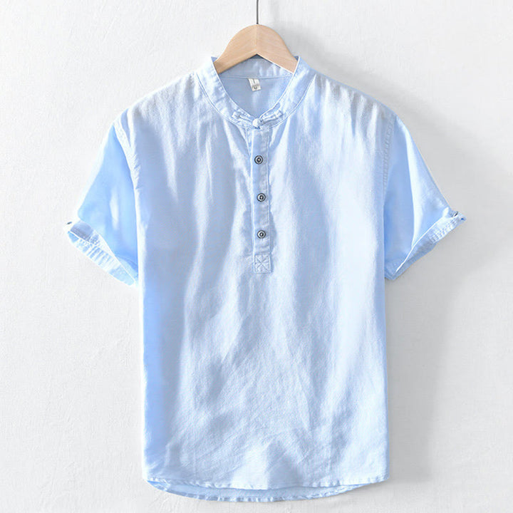 Buddha Stones Solid Color Half Button Design Stand Collar Men's Short Sleeve Cotton Linen Shirt - LightCyan - US/UK/AU46,EU56 (5XL) - image 18