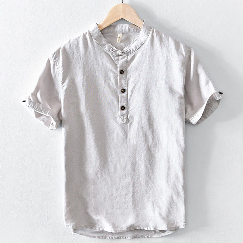Buddha Stones Solid Color Half Button Design Stand Collar Men's Short Sleeve Cotton Linen Shirt - Linen - US/UK/AU46,EU56 (5XL) - image 0