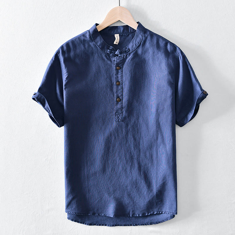 Buddha Stones Solid Color Half Button Design Stand Collar Men's Short Sleeve Cotton Linen Shirt - Navy - US/UK/AU46,EU56 (5XL) - image 10
