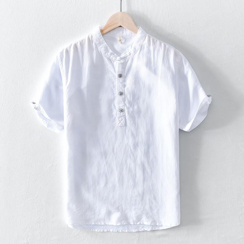Buddha Stones Solid Color Half Button Design Stand Collar Men's Short Sleeve Cotton Linen Shirt - White - US/UK/AU46,EU56 (5XL) - image 5
