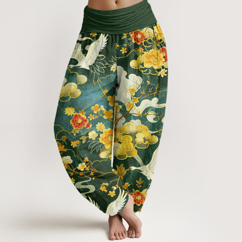 Buddha Stones Auspicious Clouds White Cranes Red Flowers Pattern Design Women's Elastic Waist Harem Pants - SeaGreen - US22,UK/AU26,EU54 (6XL) - image 8