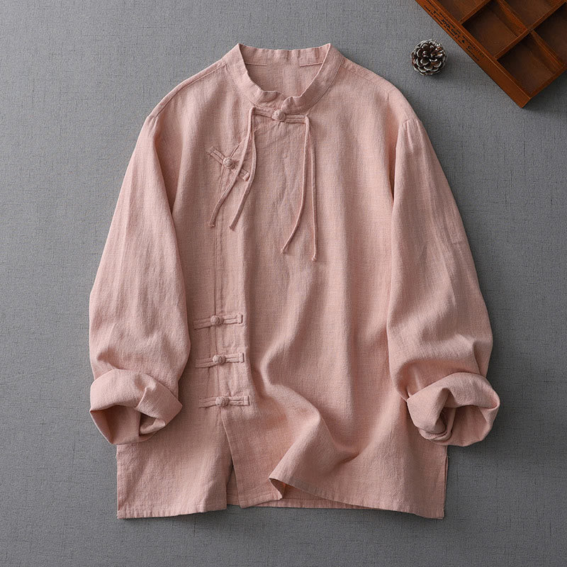Buddha Stones Vintage Chinese Frog-Button Design Stand Collar Zen Women's Long Sleeve Cotton Linen Shirt - DarkSalmon - US8-10,UK/AU12-14,EU40-42 (2XL) - image 0