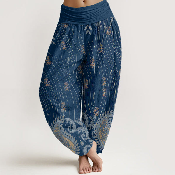 Buddha Stones Casual Paisley Plant Leaves Wavy Line Pattern Women's Elastic Waist Harem Pants - MediumBlue - US22,UK/AU26,EU54 (6XL) - image 1