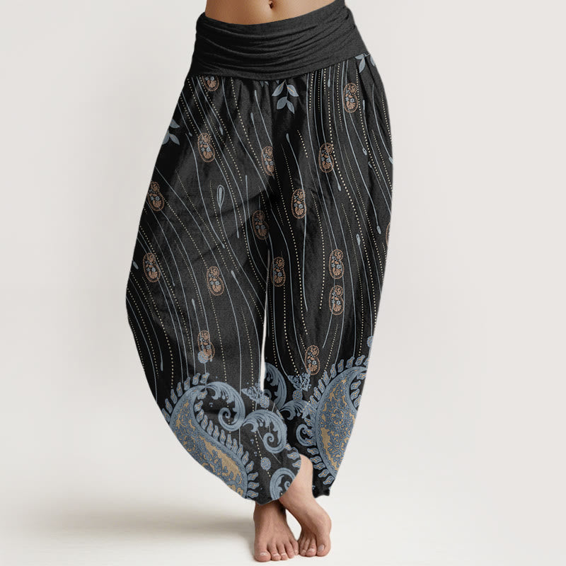 Buddha Stones Casual Paisley Plant Leaves Wavy Line Pattern Women's Elastic Waist Harem Pants - Black - US22,UK/AU26,EU54 (6XL) - image 8