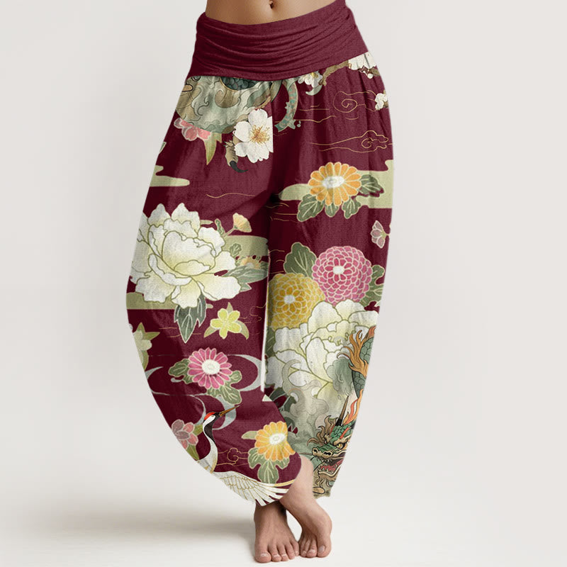 Buddha Stones Casual Dragon Red-crowned Crane Peony Flower Pattern Women's Elastic Waist Harem Pants - Maroon - US22,UK/AU26,EU54 (6XL) - image 1