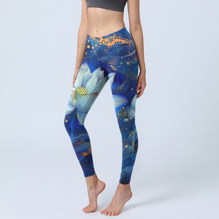 Buddha Stones Blooming White Lotus Pattern Print Gym Leggings Women's Yoga Pants - SteelBlue - US18,UK/AU22,EU50 (4XL) - image 1