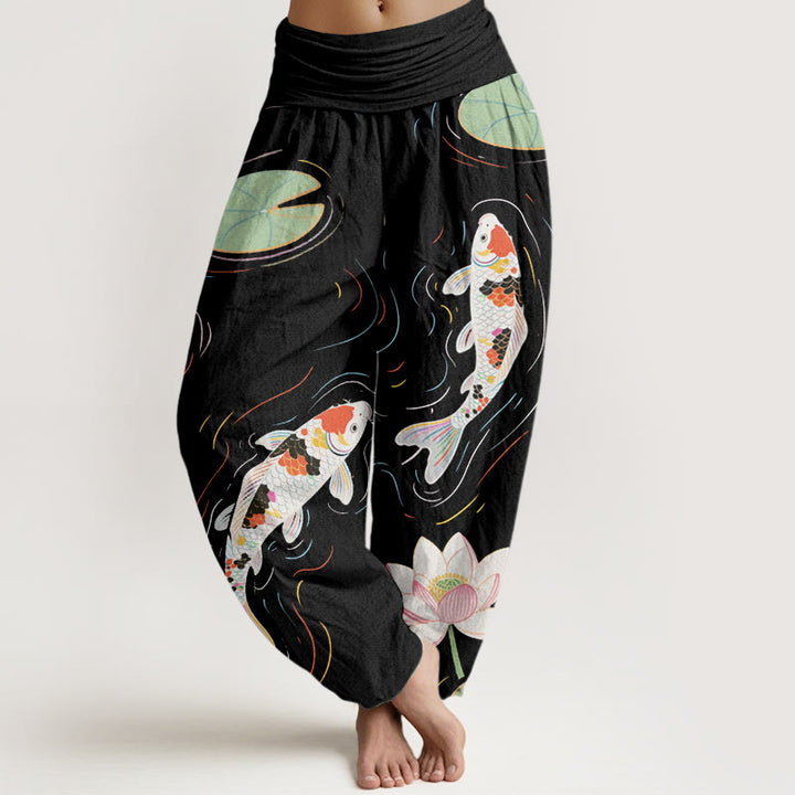 Buddha Stones Lotus Flower Lotus Leaves Koi Fish Water Ripples Pattern Women's Elastic Waist Harem Pants - Black - US22,UK/AU26,EU54 (6XL) - image 1