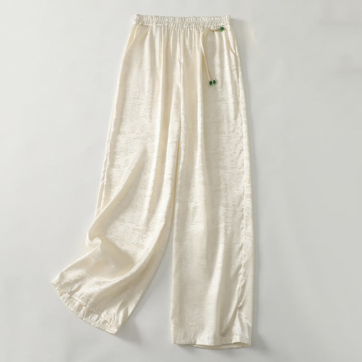 Buddha Stones Spring Casual Jacquard Solid Color Women's Cotton Linen Wide Leg Pants With Pockets - LightYellow - US8-10,UK/AU12-14,EU40-42 (2XL) - image 0