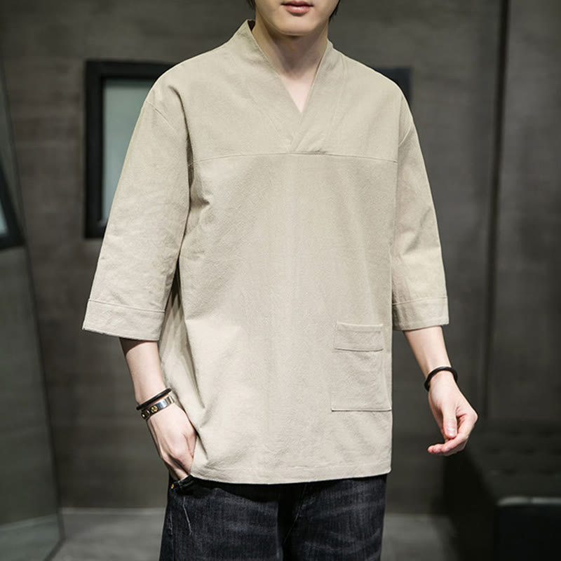 Buddha Stones Summer Casual Simple V-Neck Design Men's Cotton Linen Three Quarter Sleeve T-Shirt With Front Pocket - PaleGoldenrod - US/UK/AU46,EU56 (5XL) - image 0