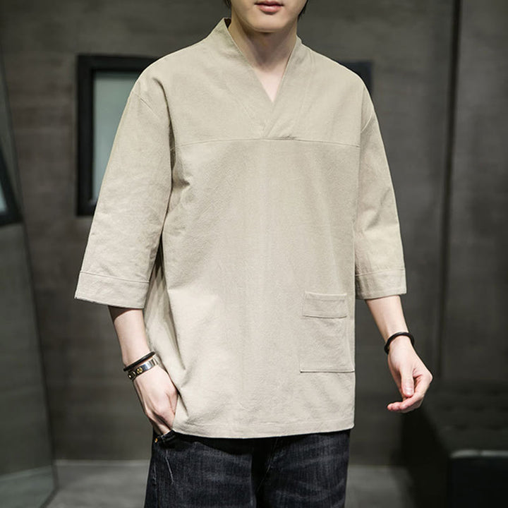 Buddha Stones Summer Casual Simple V-Neck Design Men's Cotton Linen Three Quarter Sleeve T-Shirt With Front Pocket - PaleGoldenrod - US/UK/AU46,EU56 (5XL) - image 0