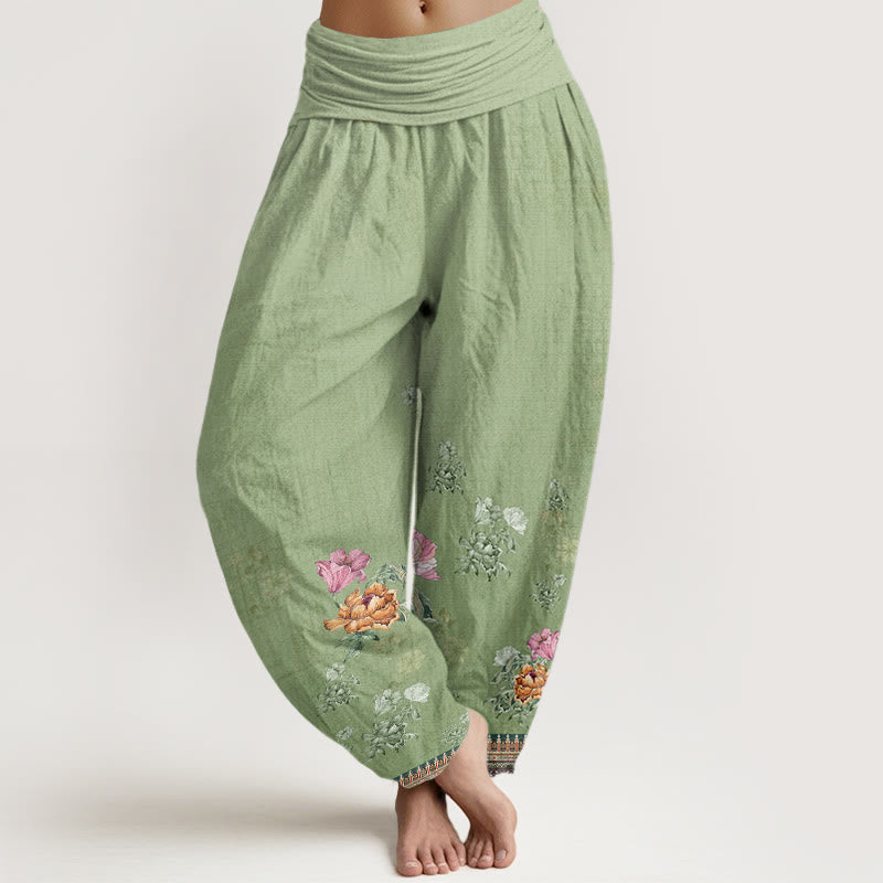 Buddha Stones Casual Plant Peony Petals Pattern Women's Elastic Waist Harem Pants - YellowGreen - US22,UK/AU26,EU54 (6XL) - image 1