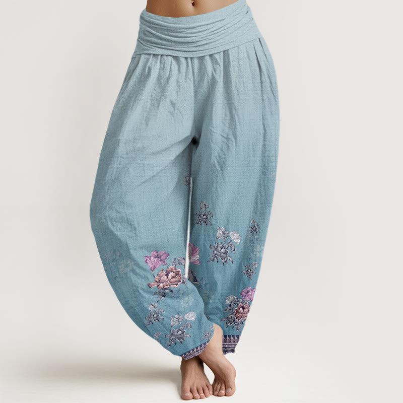 Buddha Stones Casual Plant Peony Petals Pattern Women's Elastic Waist Harem Pants - LightSkyBlue - US22,UK/AU26,EU54 (6XL) - image 8