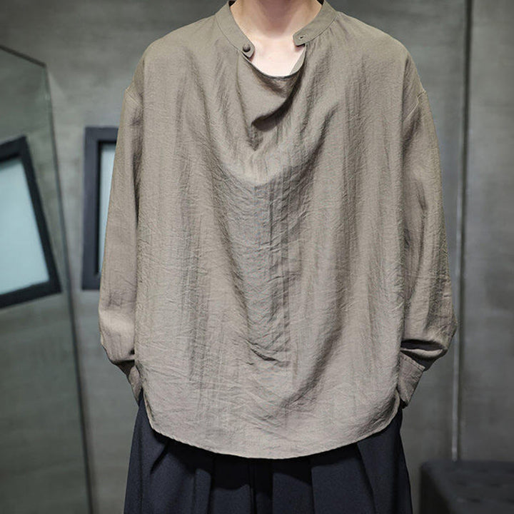 Buddha Stones Spring Solid Color Pleated Stand Collar Design Tang Suit Men's Long Sleeve Linen Shirt - DarkKhaki - US/UK/AU46,EU56 (5XL) - image 0