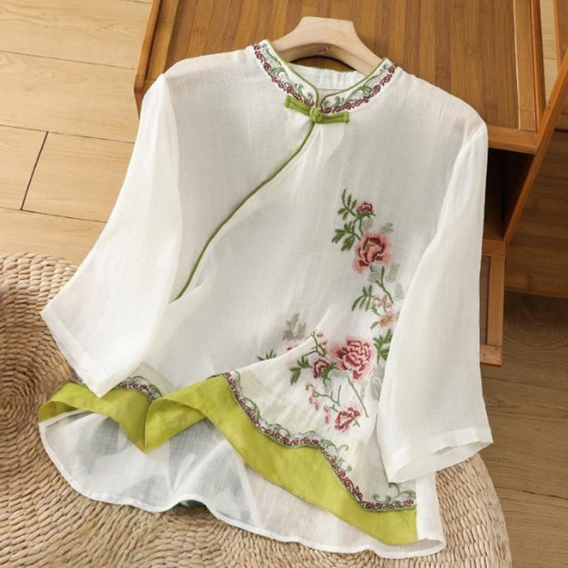 Buddha Stones Summer Ethnic Style Embroidery Flower Pattern Frog-Button Color Matching Women's Cotton Linen Three Quarter Sleeve Shirt - White - US8-10,UK/AU12-14,EU40-42 (2XL) - image 0