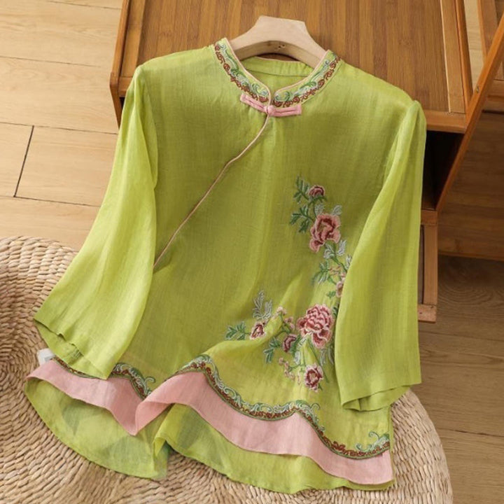 Buddha Stones Summer Ethnic Style Embroidery Flower Pattern Frog-Button Color Matching Women's Cotton Linen Three Quarter Sleeve Shirt - YellowGreen - US8-10,UK/AU12-14,EU40-42 (2XL) - image 12