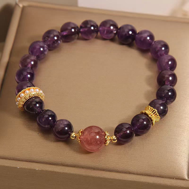 Buddha Stones Natural Amethyst Lucky Strawberry Quartz Beads Peace Bracelet