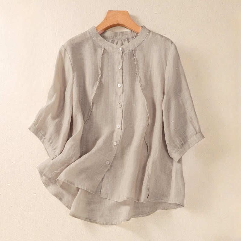 Buddha Stones Casual Daily Plain Button Ruffled Design Stand Collar Women's Cotton Linen Three Quarter Sleeve Shirt Cardigan - Tan - US8-10,UK/AU12-14,EU40-42 (2XL) - image 7