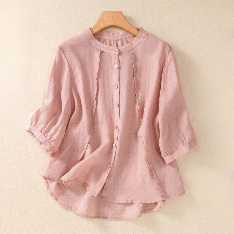 Buddha Stones Casual Daily Plain Button Ruffled Design Stand Collar Women's Cotton Linen Three Quarter Sleeve Shirt Cardigan - LightPink - US8-10,UK/AU12-14,EU40-42 (2XL) - image 23