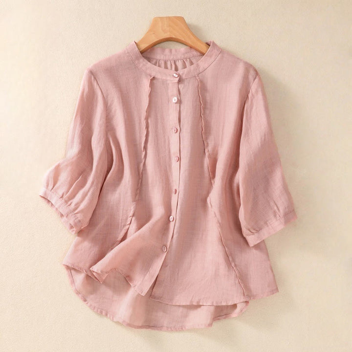 Buddha Stones Casual Daily Plain Button Ruffled Design Stand Collar Women's Cotton Linen Three Quarter Sleeve Shirt Cardigan - LightPink - US8-10,UK/AU12-14,EU40-42 (2XL) - image 23