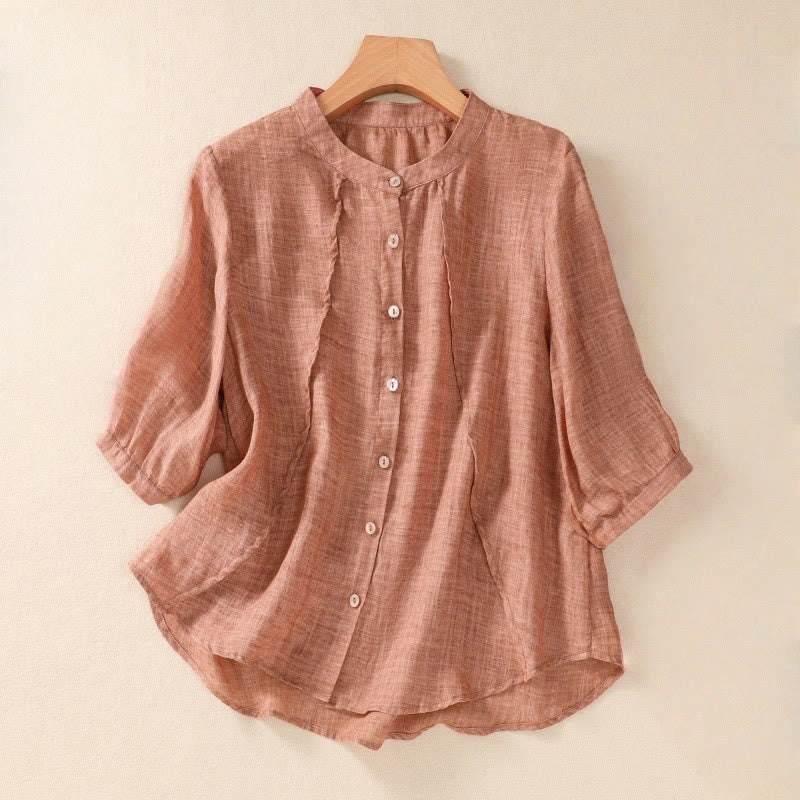 Buddha Stones Casual Daily Plain Button Ruffled Design Stand Collar Women's Cotton Linen Three Quarter Sleeve Shirt Cardigan - Coral - US8-10,UK/AU12-14,EU40-42 (2XL) - image 15