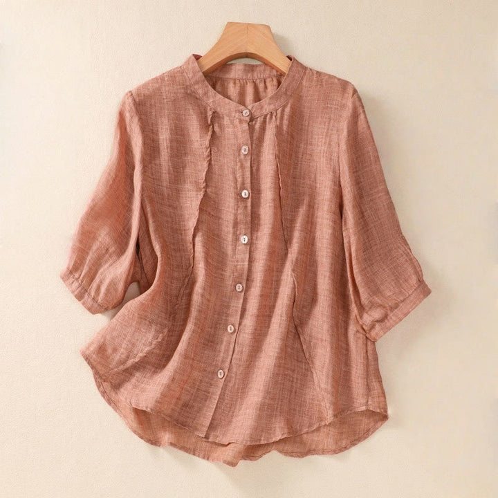 Buddha Stones Casual Daily Plain Button Ruffled Design Stand Collar Women's Cotton Linen Three Quarter Sleeve Shirt Cardigan - Coral - US8-10,UK/AU12-14,EU40-42 (2XL) - image 15
