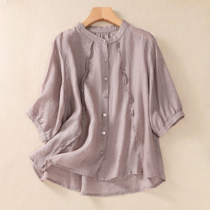 Buddha Stones Casual Daily Plain Button Ruffled Design Stand Collar Women's Cotton Linen Three Quarter Sleeve Shirt Cardigan - Thistle - US8-10,UK/AU12-14,EU40-42 (2XL) - image 0