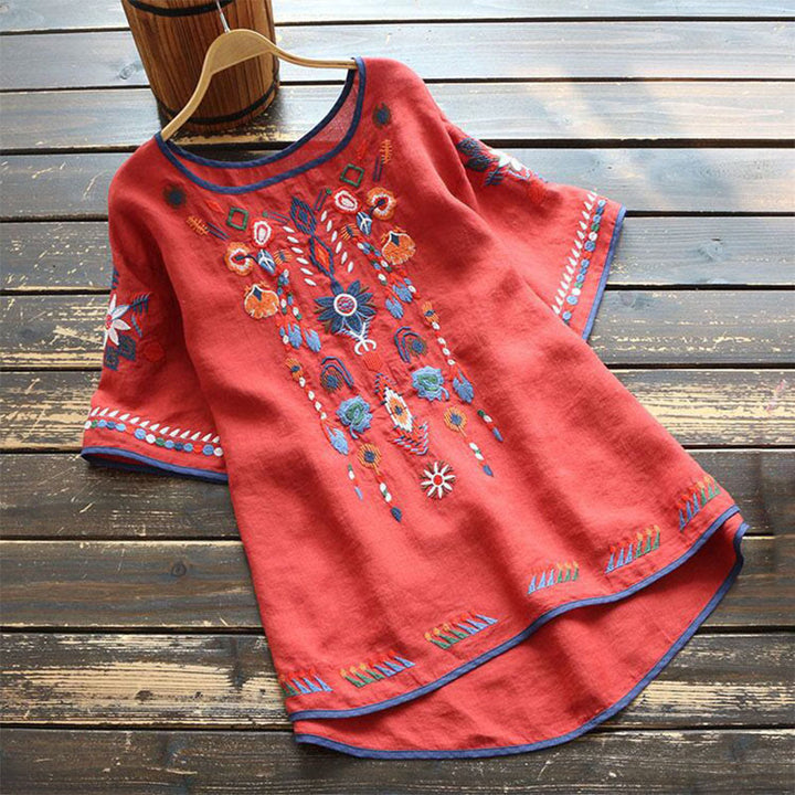 Buddha Stones Retro Artistic Embroidery Floral Pattern Crew Neck Women's Cotton Linen Short Sleeve T-Shirt - Red - US14,UK/AU18,EU46 (4XL) - image 8
