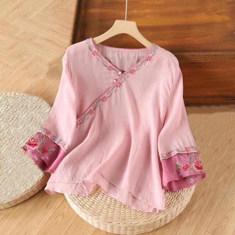 Buddha Stones Spring Retro Embroidery Button Design Three Quarter Sleeve Women's Cotton Shirt - LightPink - US14,UK/AU18,EU46 (4XL) - image 1