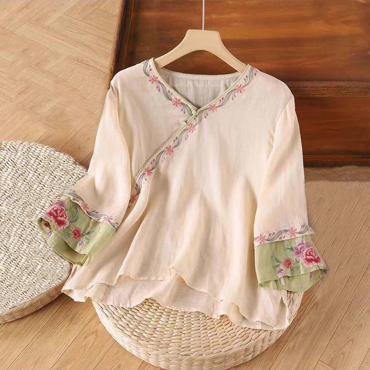 Buddha Stones Spring Retro Embroidery Button Design Three Quarter Sleeve Women's Cotton Shirt - BlanchedAlmond - US14,UK/AU18,EU46 (4XL) - image 0