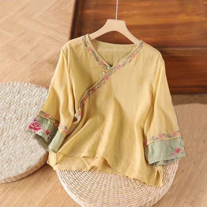 Buddha Stones Spring Retro Embroidery Button Design Three Quarter Sleeve Women's Cotton Shirt - Khaki - US14,UK/AU18,EU46 (4XL) - image 5
