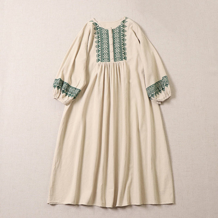 Buddha Stones Casual Artistic Geometric Embroidery Button Front Long Lantern Sleeve Cotton Linen Midi Dress - Beige - US8-10,UK/AU12-14,EU40-42 (2XL) - image 7